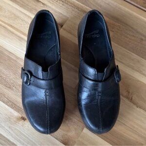Dansko Black Leather Buckle Clogs 38